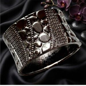 EXPRESS Hematite Tone Wide Textured Hinged Cuff Bracelet